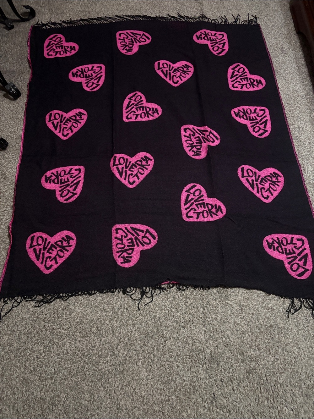 Black Scarf with Pink 'Love Victoria' Heart Motif 57x60”